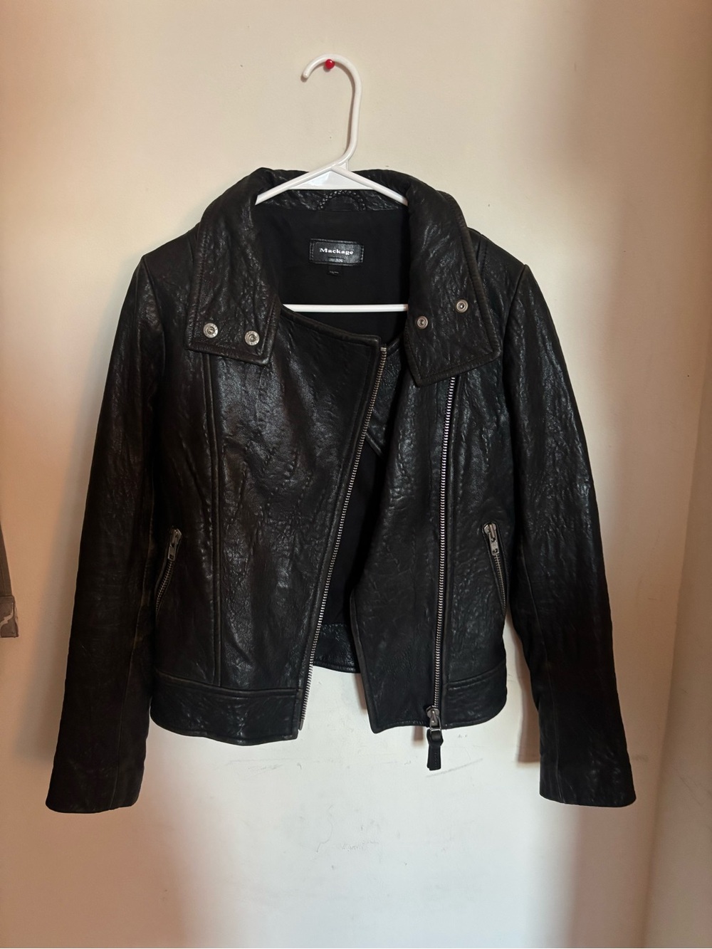 Mackage Black Leather Asymmetric Zip Jacket